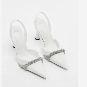 Zara NWT White Sling back shoes with pointy toe, rhinestone detail 1206/010